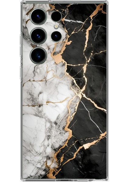 Samsung Galaxy S24 Ultra Uyumlu Siyah Beyaz Mermer Baskılı Silikon Kılıf