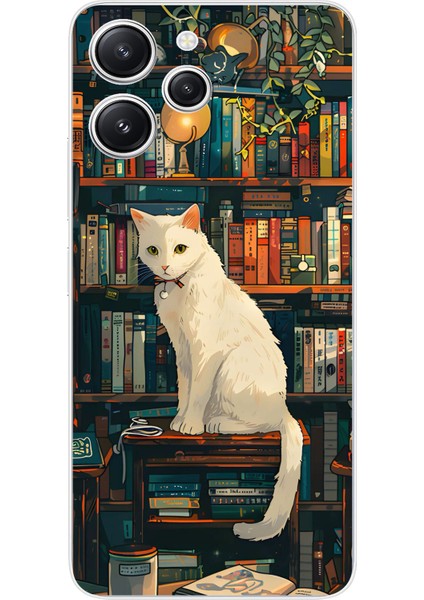 Redmi 12 Uyumlu Kitaplık Beyaz Kedi Tasarımlı Baskılı Silikon Kılıf