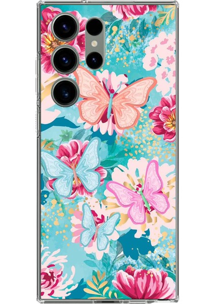 Samsung Galaxy S23 Ultra Uyumlu Kelebekler ve Çiçekler Baskılı Silikon Kılıf