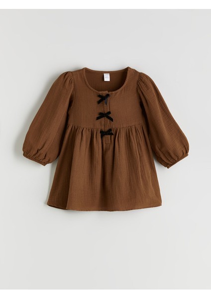 Yeni Sezon Bisiklet Yaka Fiyonk Detaylı Kız Çocuk Elbise