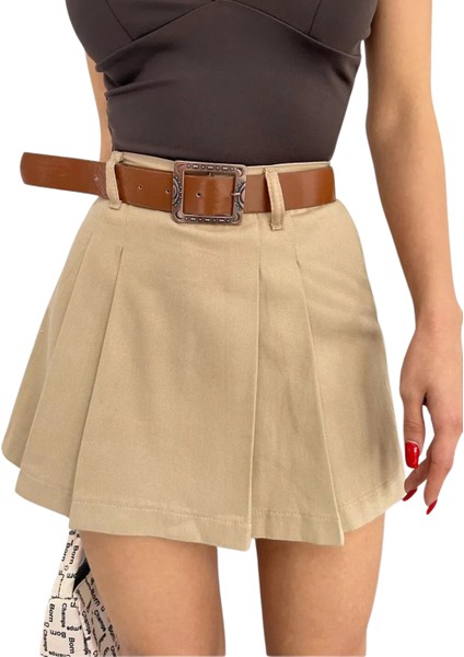 Kemerli Pileli Etek - Kahverengi