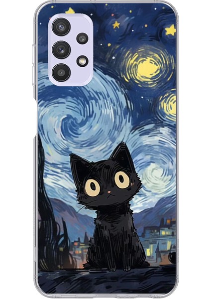 Samsung Galaxy A32 Uyumlu Gece Yarısı Kedi Tasarımlı Baskılı Silikon Kılıf