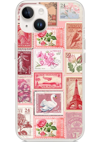 iPhone 14 Plus- 15 Plus Uyumlu Pembe Posta Pulları Baskılı Silikon Kılıf