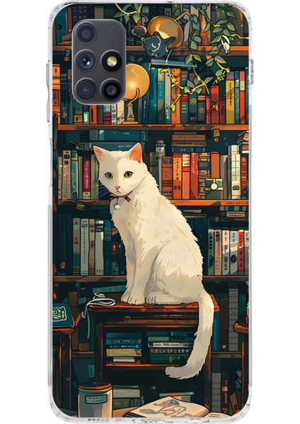 Samsung Galaxy M51 Uyumlu Kitaplık Beyaz Kedi Tasarımlı Baskılı Silikon Kılıf
