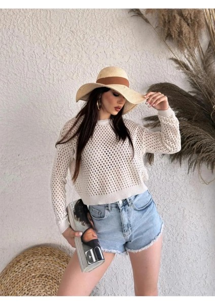 Bisiklet Yaka Triko Delıklı Kazak - Krem modelleri