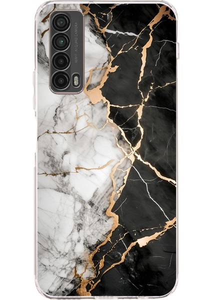 Huawei P Smart 2021 Uyumlu Siyah Beyaz Mermer Baskılı Silikon Kılıf