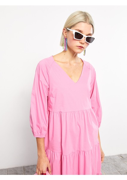 Yeni Sezon V Yaka Düz Poplin Elbise fiyatları