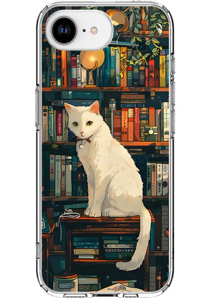 iPhone 16E Uyumlu Kitaplık Beyaz Kedi Tasarımlı Baskılı Silikon Kılıf