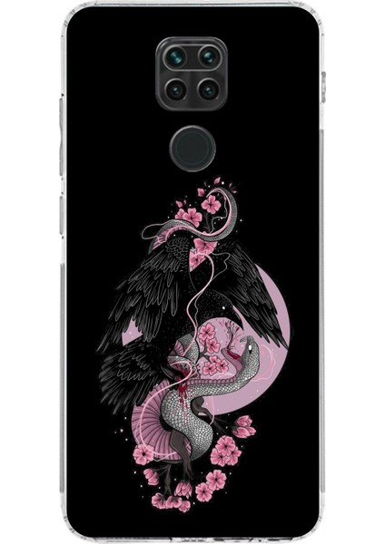 Redmi Note 9 Uyumlu Pembe Siyah Yılan Baskılı Silikon Kılıf