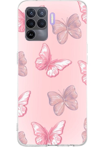 Oppo Reno 5 Lite Uyumlu Pembe Kelebekler Baskılı Silikon Kılıf