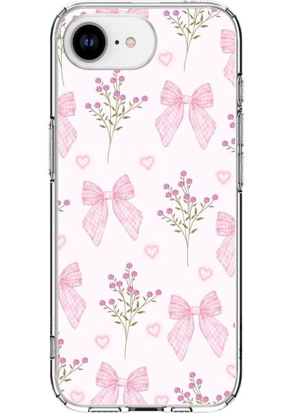 iPhone 16E Uyumlu Pembe Çiçek ve Fiyonklar Baskılı Silikon Kılıf