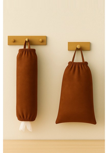 2’li Set Ekmek Torbası ve Poşetlik – Mutfak Düzenleyici Asılabilir Kahverengi Organizer