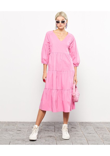 Yeni Sezon V Yaka Düz Poplin Elbise