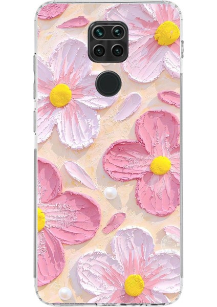 Redmi Note 9 Uyumlu Pembe Beyaz Çiçekler Sulu Boya Baskılı Silikon Kılıf