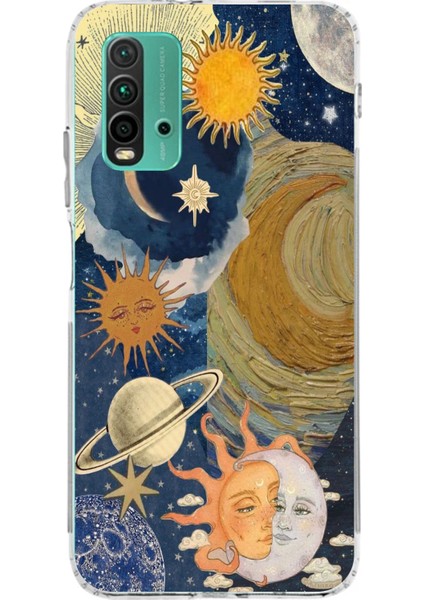 Redmi 9t - Poco M3 Uyumlu Güneş ve Ay Evren Tasarımlı Baskılı Silikon Kılıf