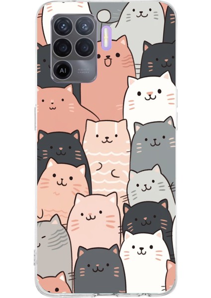 Oppo Reno 5 Lite Uyumlu Pufi Kedicikler Tasarımlı Baskılı Silikon Kılıf