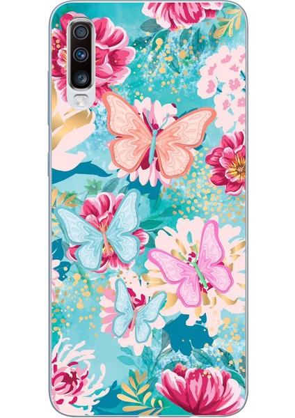 Samsung Galaxy A30S - A50 Uyumlu Kelebekler ve Çiçekler Baskılı Silikon Kılıf