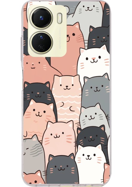 Vivo Y16 Uyumlu Pufi Kedicikler Tasarımlı Baskılı Silikon Kılıf