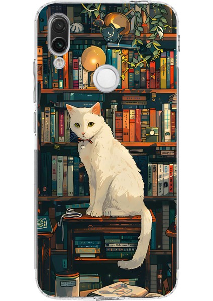 Redmi Note 7 Uyumlu Kitaplık Beyaz Kedi Tasarımlı Baskılı Silikon Kılıf