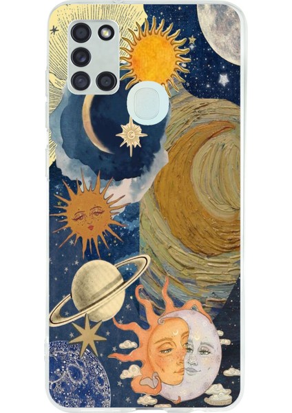 Samsung Galaxy A21S Uyumlu Güneş ve Ay Evren Tasarımlı Baskılı Silikon Kılıf