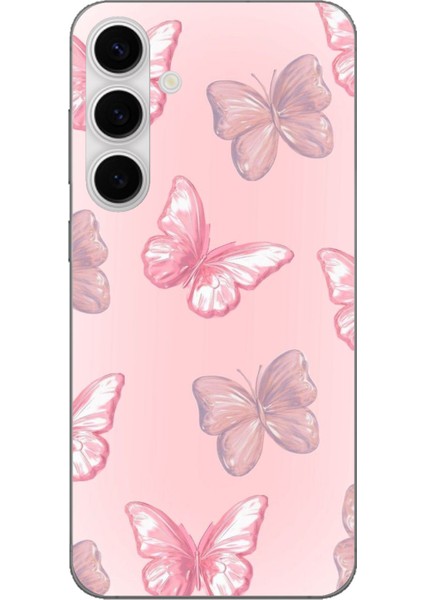 Galaxy S24 Fe Uyumlu Pembe Kelebekler Baskılı Silikon Kılıf