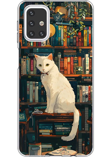 Samsung Galaxy M31S Uyumlu Kitaplık Beyaz Kedi Tasarımlı Baskılı Silikon Kılıf