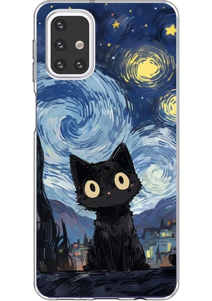 Samsung Galaxy M31S Uyumlu Gece Yarısı Kedi Tasarımlı Baskılı Silikon Kılıf