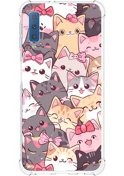 Samsung Galaxy A7 2018 Uyumlu Sevimli Kediler Baskılı Silikon Kılıf