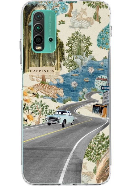 Redmi 9t - Poco M3 Uyumlu Yeşil Sanatsal Yol Çiçekler Baskılı Silikon Kılıf