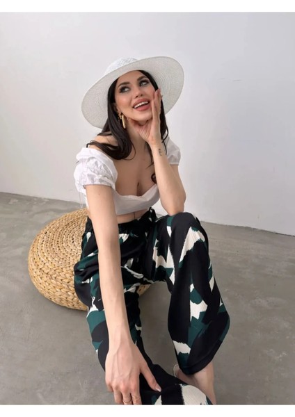 Desenli Beli Lastikli Bürümcük Pantolon-Si̇yah fiyatları