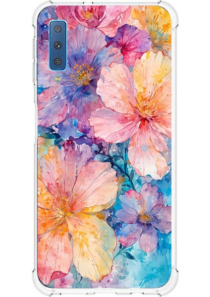Samsung Galaxy A7 2018 Uyumlu Renkli Çiçekler Sulu Boya Baskılı Silikon Kılıf