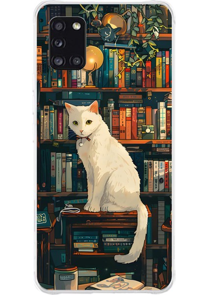 Samsung Galaxy A31 Uyumlu Kitaplık Beyaz Kedi Tasarımlı Baskılı Silikon Kılıf