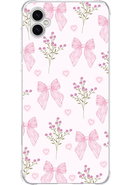 Samsung Galaxy A04 Uyumlu Pembe Çiçek ve Fiyonklar Baskılı Silikon Kılıf