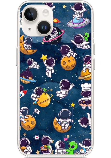 iPhone 13 - 14 Uyumlu Minik Astronotlar Uzayda Baskılı Silikon Kılıf