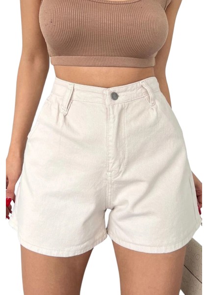 Mini Denim Şort Cepli -Krem