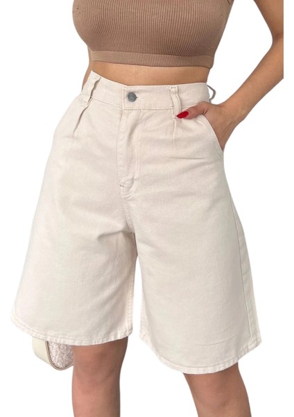 Rahat Kesim Denim Şort Cepli̇-Krem