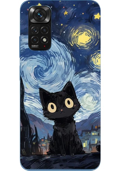 Redmi Note 11 - 11S Uyumlu Gece Yarısı Kedi Tasarımlı Baskılı Silikon Kılıf