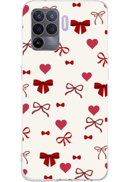 Oppo Reno 5 Lite Uyumlu Bordo Kalp ve Fiyonklar Baskılı Silikon Kılıf