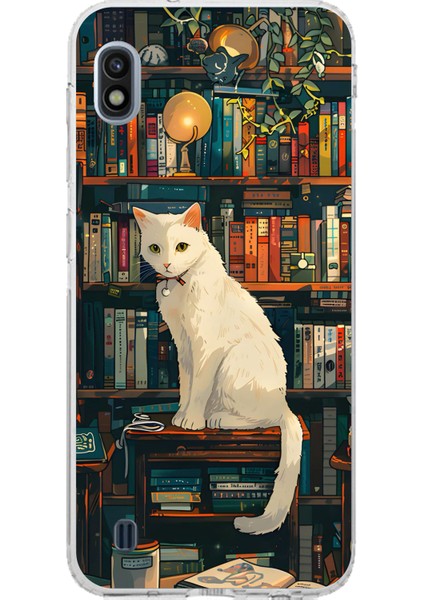 Samsung Galaxy J8 - A6 Plus Uyumlu Kitaplık Beyaz Kedi Tasarımlı Baskılı Silikon Kılıf