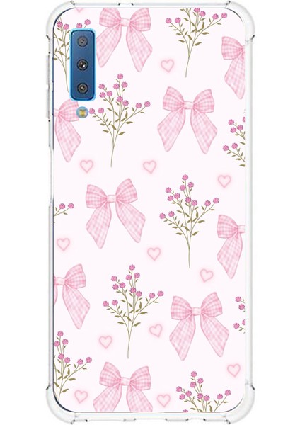 Samsung Galaxy A7 2018 Uyumlu Pembe Çiçek ve Fiyonklar Baskılı Silikon Kılıf
