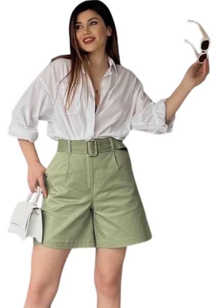 Rahat Kesim Kemerli Mom Şort - Haki̇