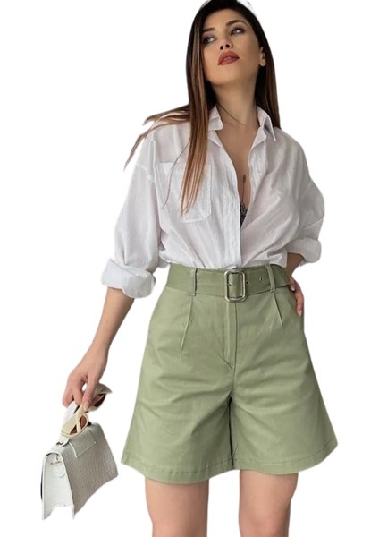 Rahat Kesim Kemerli Mom Şort - Haki̇ fiyatları