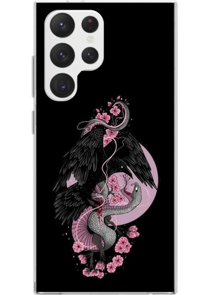 Samsung Galaxy S22 Ultra Uyumlu Pembe Siyah Yılan Baskılı Silikon Kılıf