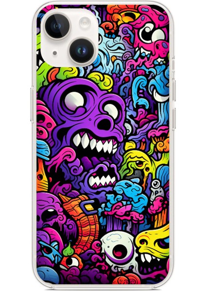 iPhone 13 - 14 Uyumlu Psikodeli Renkli Canavarlar Baskılı Silikon Kılıf