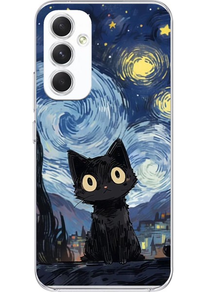 Samsung Galaxy A54 Uyumlu Gece Yarısı Kedi Tasarımlı Baskılı Silikon Kılıf