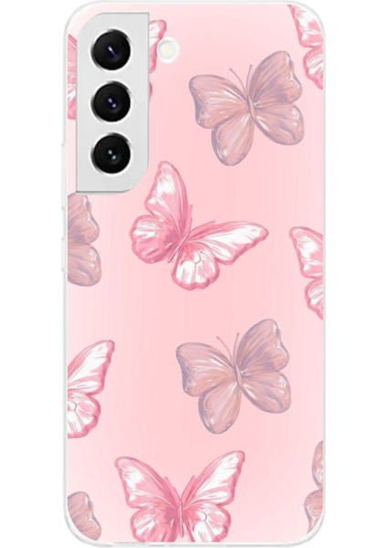 Samsung Galaxy S22 Uyumlu Pembe Kelebekler Baskılı Silikon Kılıf