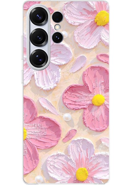 Samsung Galaxy S25 Ultra Uyumlu Pembe Beyaz Çiçekler Sulu Boya Baskılı Silikon Kılıf