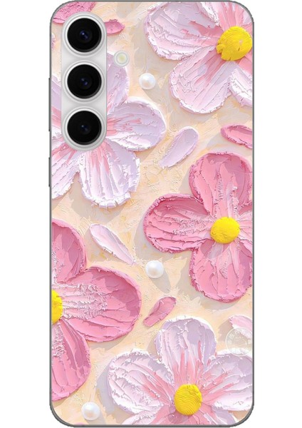 Galaxy S24 Fe Uyumlu Pembe Beyaz Çiçekler Sulu Boya Baskılı Silikon Kılıf