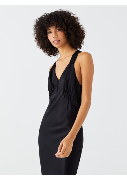 Yeni Sezon V Yaka Düz Askılı Saten Elbise modelleri