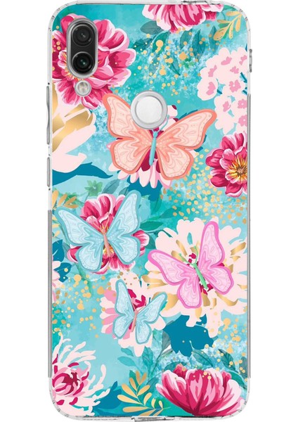 Redmi Note 7 Uyumlu Kelebekler ve Çiçekler Baskılı Silikon Kılıf